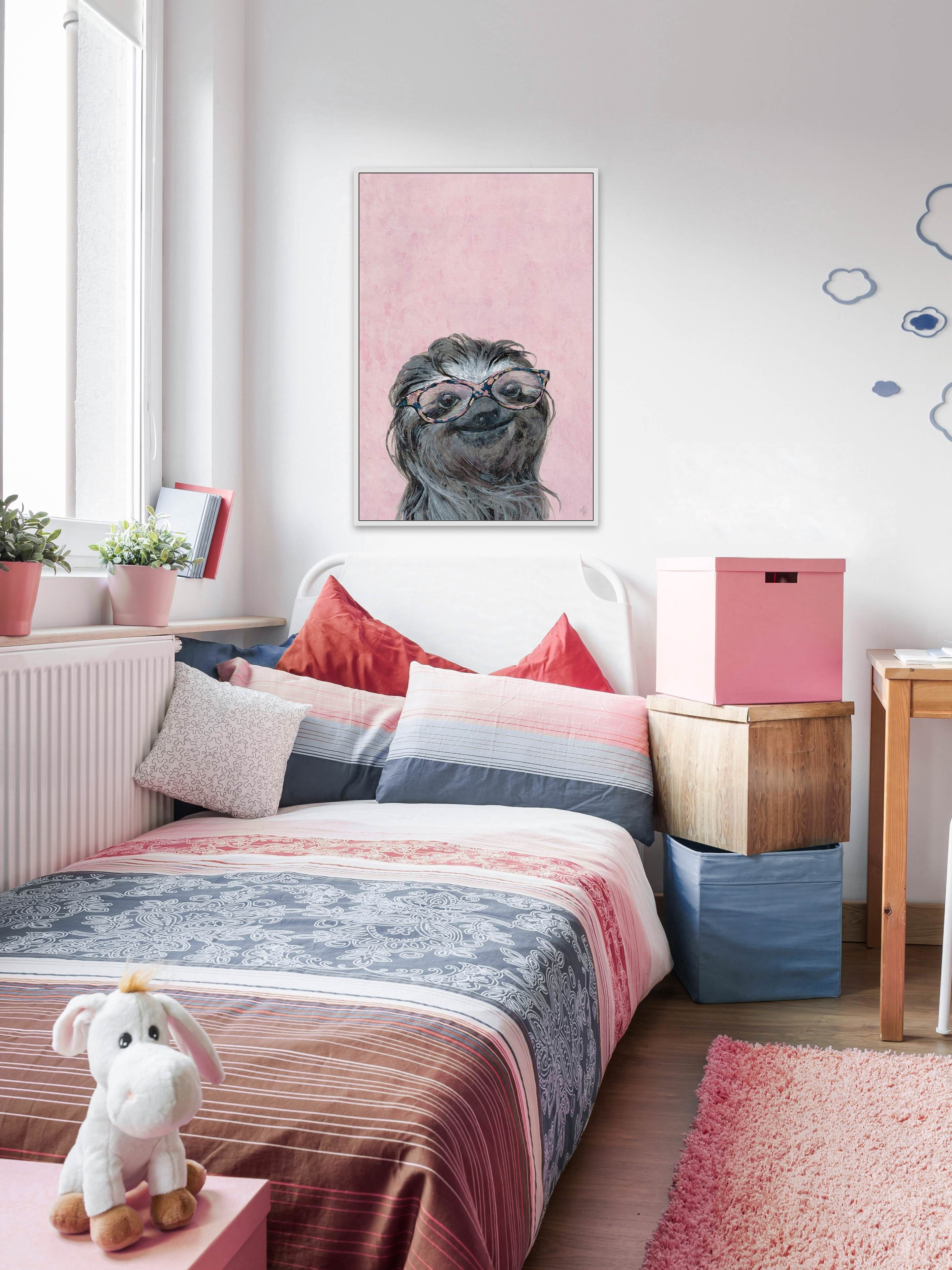 Sloth in Pink Floater Framed Painting Print on Canvas
