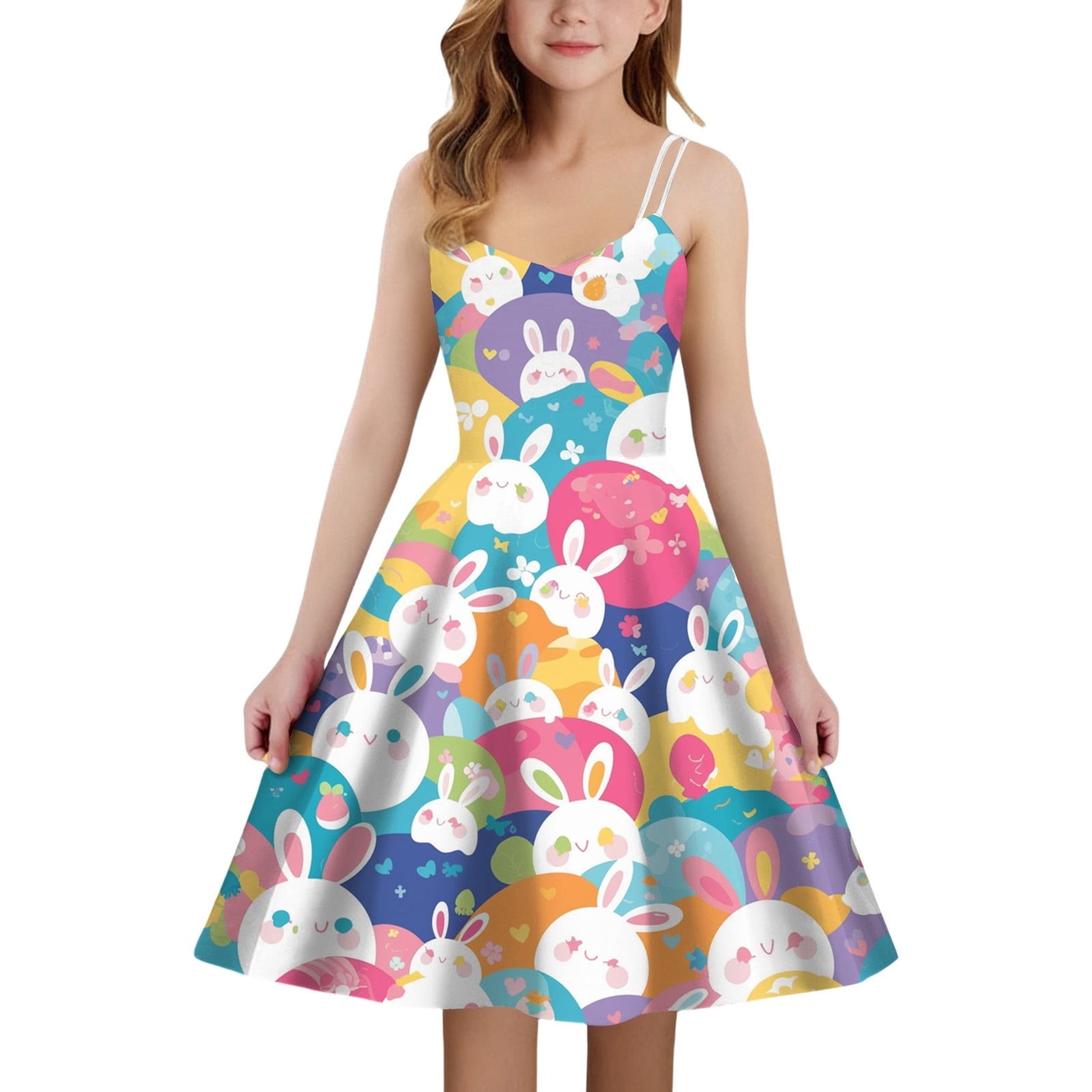 Shadoumai Girls Children Easter Dresses Size 8 Happy Easter Cartoon Printed Bow Dress with Straw Hat Set Warmth Princess Dresses Baby Girl Clothes