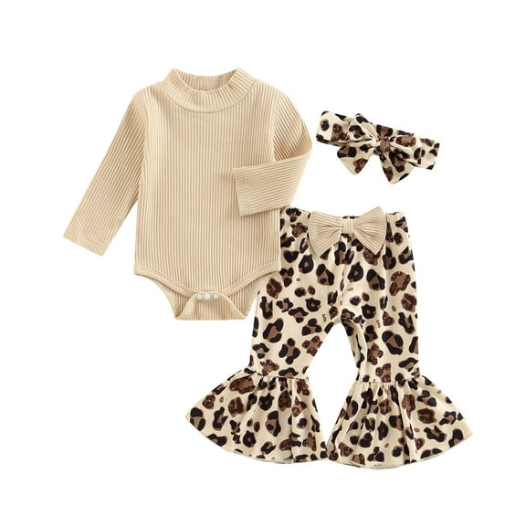 Baby Girls Pants Set, 3 6 12 18M Long Sleeve Romper   Leopard Print Bowknot Flare Pants   Headband