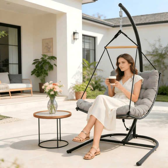 Hanging Egg Chair with U-Shaped Stand, Indoor Lightweight Hanging Egg Swing Chair with Thickened Uv Resistant Removable Cushions, 350lbs Capacity for Patio, Bedroom, Garden