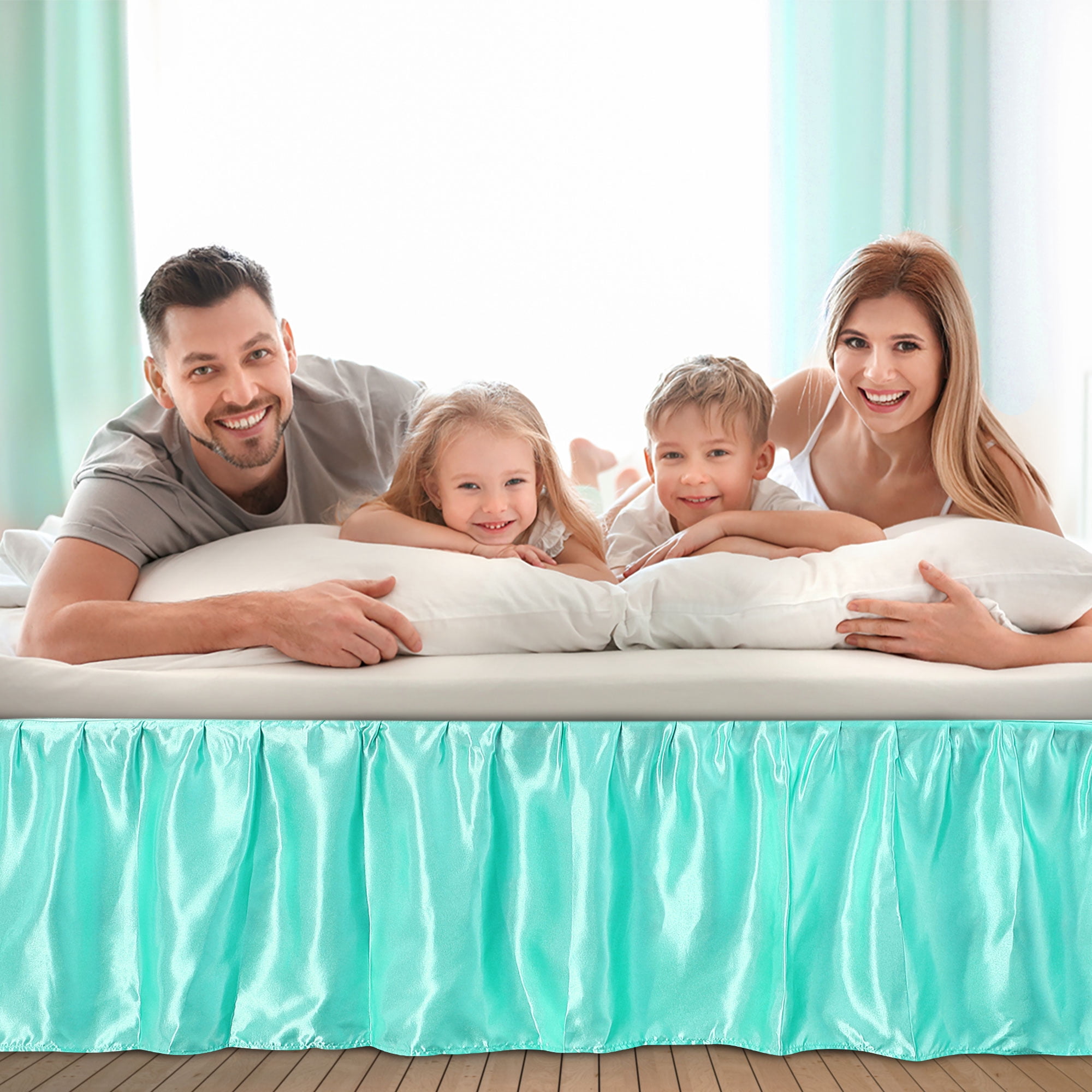 PiccoCasa Satin Silk Wrap Around Bed Skirt Dust Ruffle 18" Drop, King Cyan