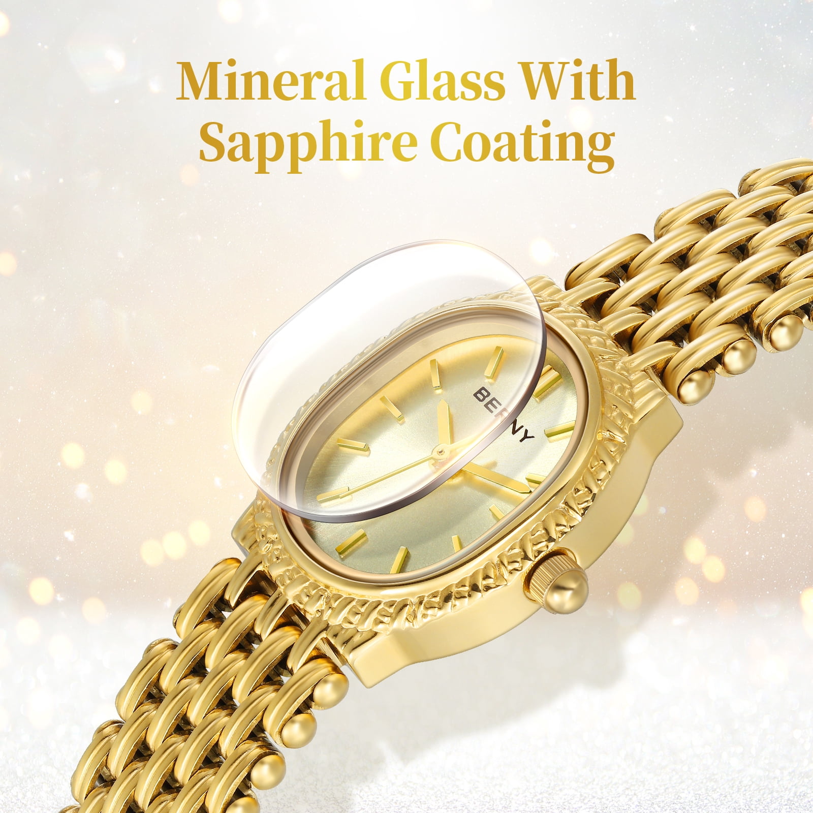 BERNY Small Gold Watches for Women, Dainty Vintage Oval Dial Stainless Steel Bracelet Watch, Adjustment Tool Included, Waterproof, Minimalist Luxury Ladies Analog Quartz Wrist Watch (Gold)