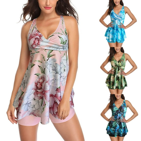 Jacenvly Women Tankini Set Two Piece New Style Sleeveless Swimsuit Floral V-Neck Surfing Swimwear Soft Ladies Print Back Cutout Boxer Pants Sling Women'S Split Swimsuit Blue