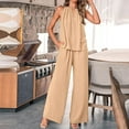 thumbnail image 5 of GILIGEGE Linen Sets for Women 2 Piece Summer Sleeveless Short Sleeve Top and Trousers Outfit Set Fashionable Plain Leisure Suit Loungewear with Pockets Wide Leg Pants Tracksuit Lounge Matching Sets, 5 of 9