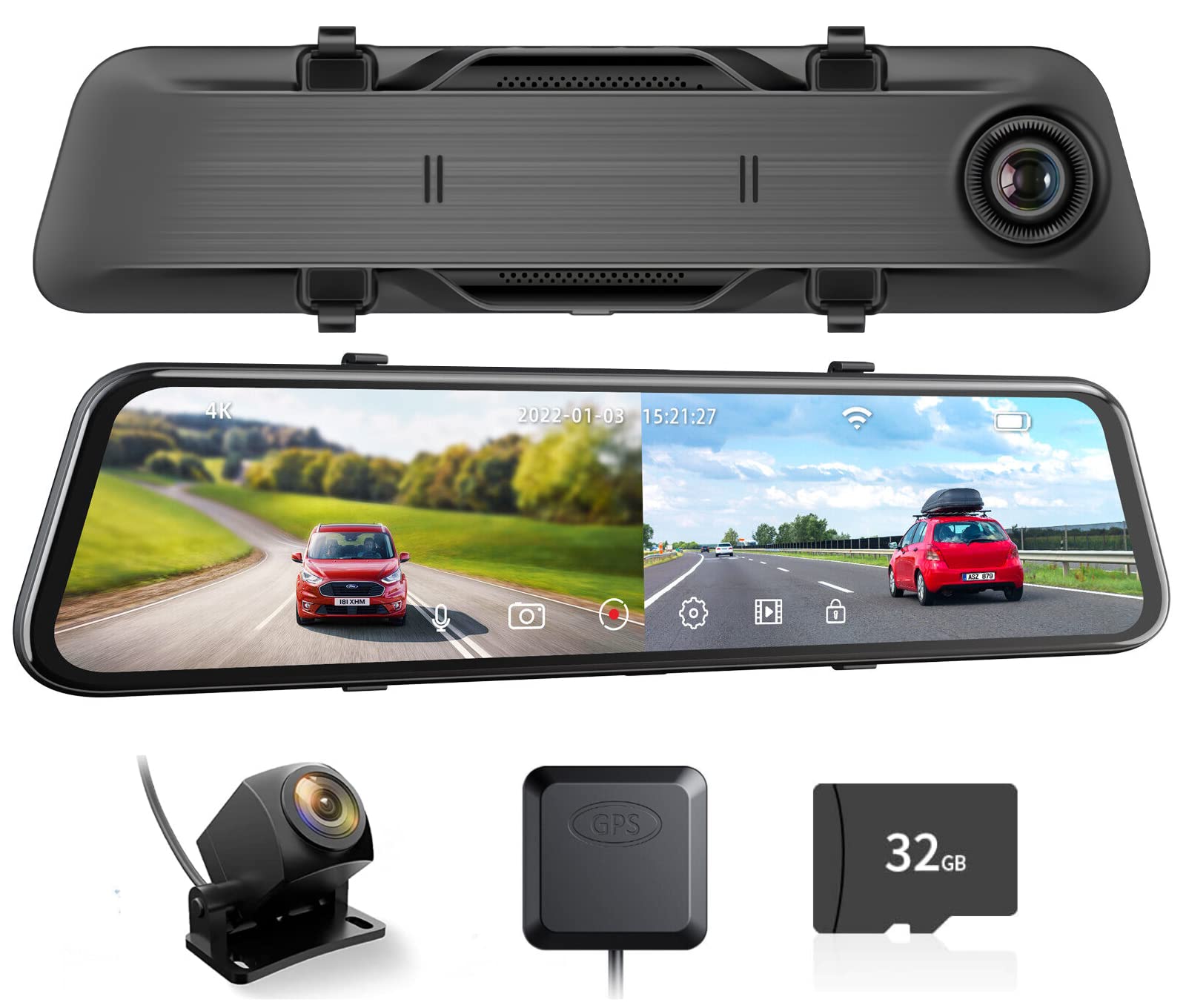 Bileeko Mirror Dash Cam, 12'' 4K FHD Backup Camera 1080P Rear View Mirror Camera Dual Dash