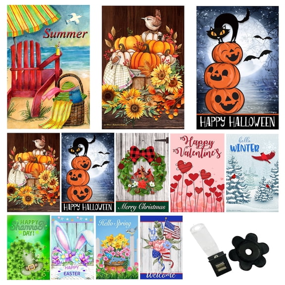 Country Charm Garden Flags (Set of 10) Double Sided 12 x 18 inch Seasonal Outdoor Flags with Wind Clip and Stopper