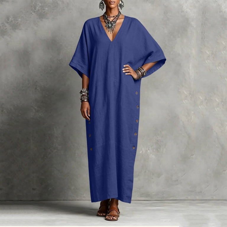 blue shift dresses for women QUNYINEY Women's Summer Short Sleeve Long Faux Cotton Linen Dress Casual V Neck with Pockets Loose Fit Beach Dresses The high neckline