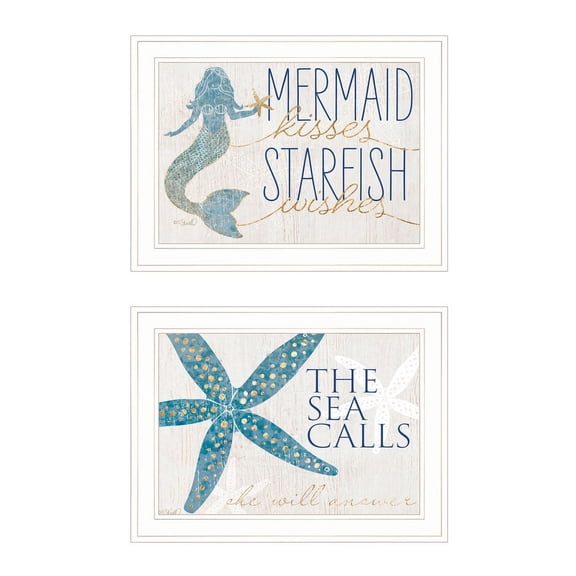 "Mermaid Kisses Starfish Wishes" 2-Piece Vignette by Kate Sherrill, Ready to Hang Framed Print, White Frame