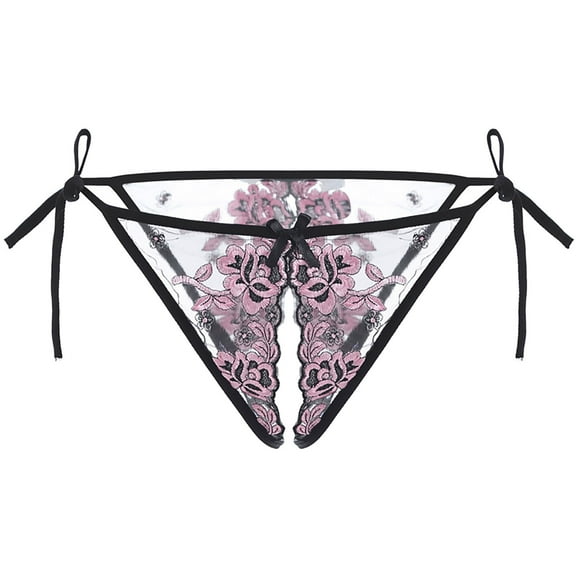 Womens Exquisite Embroidered Open Crotch Panties Low Waist Hollow Mesh Thong