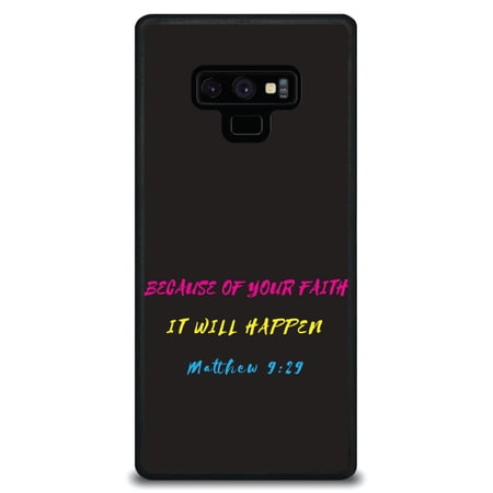 DistinctInk Case for Samsung Galaxy Note 9 (6.4" Screen) - Custom Ultra Slim Thin Hard Black Plastic Cover - Matthew 9:29 - Because of Your Faith, It Will Happen