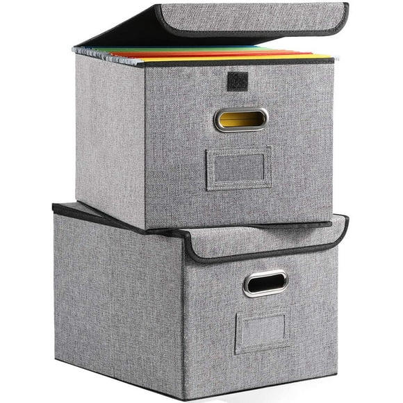 File Organizer Office Document Storage Pack of 2 Collapsible Linen Filing Cabinets with Lid, Decorative Office Cabinet, Letter Size Legal Folder, Gray