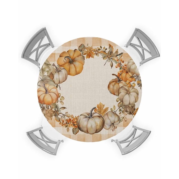 nqOlkjepod Farmhouse Fall Round Tablecloth, Fitted Table Cover with Elastic for 36"-44" Round Tables, Orange Plaid Pumpkins Thanksgiving Table Cloth Outdoor Dinning Party Waterproof Tablecloths