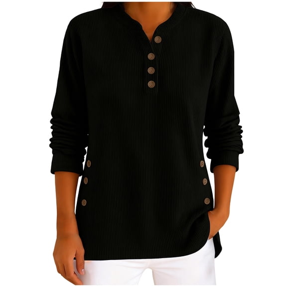 qucoqpe Womens Corduroy Tops V Neck Button Long Sleeve Shirts Casual Loose Tunic Blouses