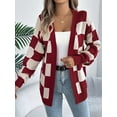 thumbnail image 6 of Women'S Autumn and Winter Contrast Color Plaid Lantern Sleeve Cardigan Sweater Mid-Length Coat Wine Red L, 6 of 9