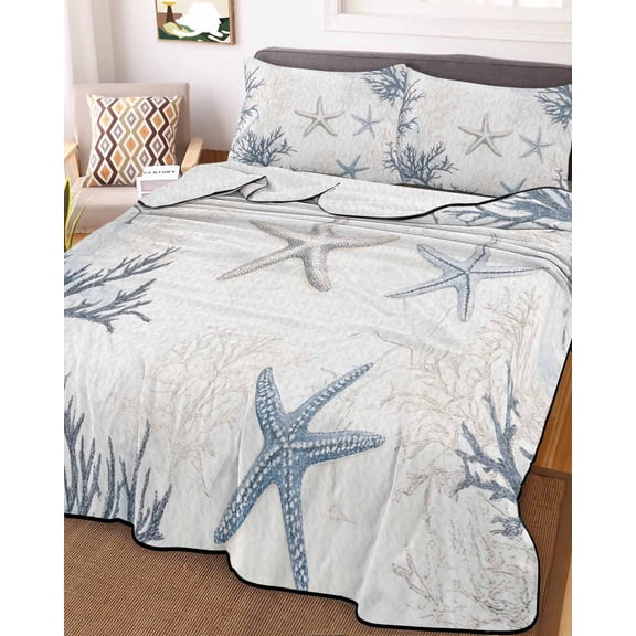 Grey Coastal Full Size Down Alternative Comforter, Lightweight Comforter Quilt Bedding Set with Pillow Shams Summer Beach Starfish Coral Nautical All Seasons Bed Comforter Duvet Insert 78"x90"
