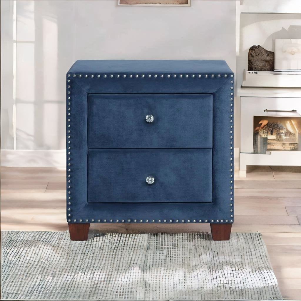 Nathaniel Home Storage Nightstand with 2 Drawers, Faux Velvet Upholstered Nightstand, Modern Bedside Table with Nail Head Trim, Brown