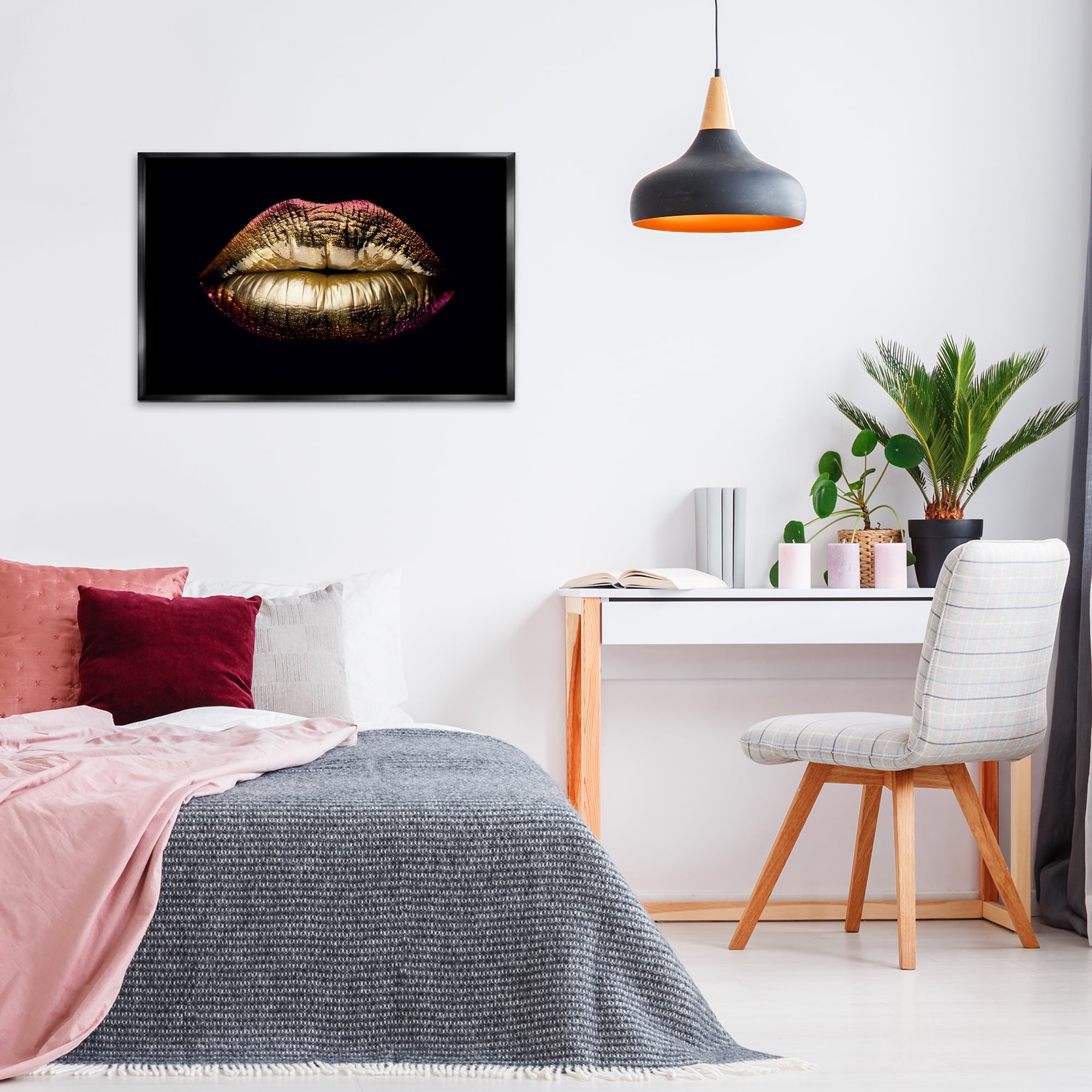 Stupell Industries Pink & Gold Lipstick Fashion Painting Black Floater Framed Canvas Art Print Wall Art, 31 x 21
