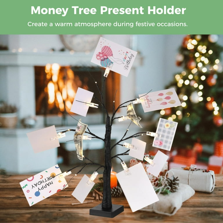 Money Tree Gift Holder, Money Tree with 12 Clear Clips, Photo Cash Lottery Ticket Holder, Unique Desktop Home Decorations for Christmas, Memo,