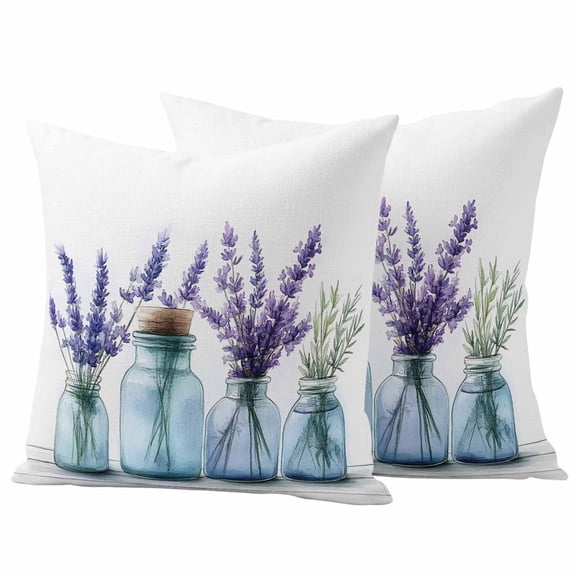 Spring Floral Outdoor Waterproof Pillow Covers, Botanical Lavender Flower in Vase Decorative Square Throw Pillowcase Sofa Cushion Sham for Patio/Couch/Chair, 26"x26" 2 Pack