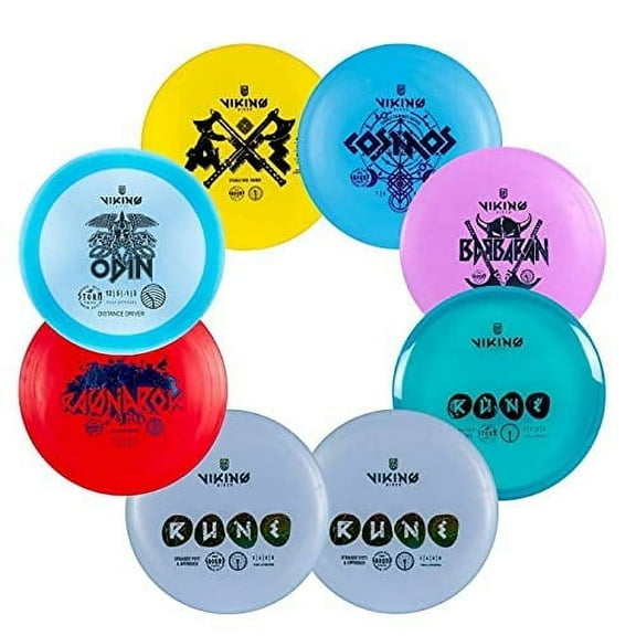 Viking Discs 8-Disc Disc Golf Starter Set - Durable Ground & Storm Plastic - Beginner Friendly Disc Golf Putters, Disc Golf Drivers, & Other Disc Golf Discs for All Skill Levels (Pack of 8)