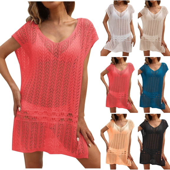 Tqyyweavej Bathing Suits Crochet Coverups for Women Sleeveless Solid Color Loose Swim Cover Up V Neck Free Size Swimsuit Cover Up