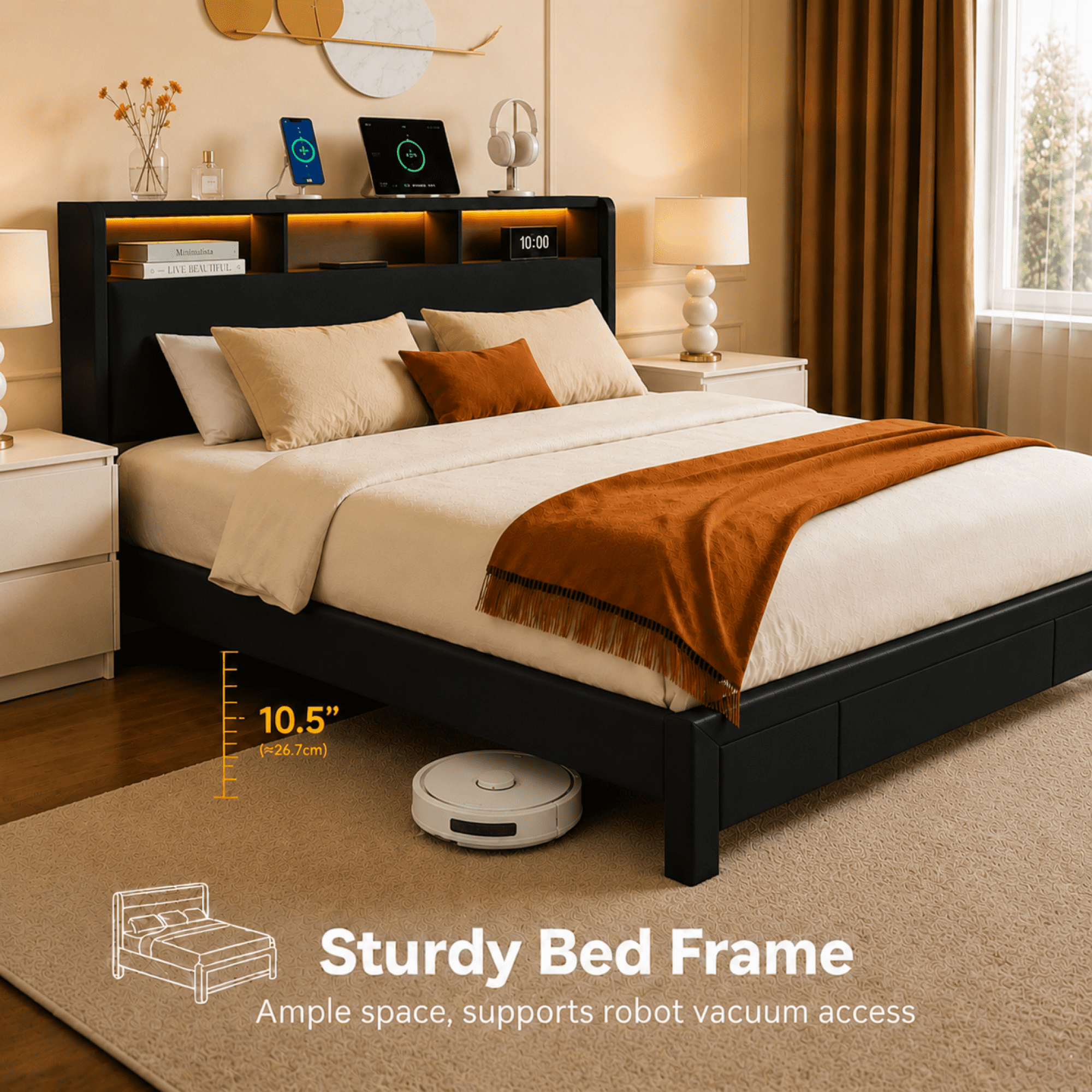 Leumius Queen Size Bed Frame,Upholstered Platform Bed Frame with LED & Charging Station,Drawers and Storage Headboard,Noise-Free, No Box Spring Needed,Black(Queen)