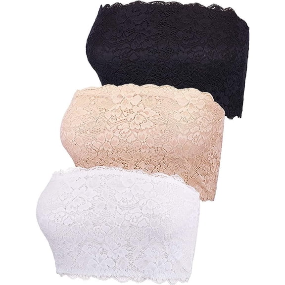 YAKEFJ 3 Pcs Women Lace Strapless Bandeau Bra Seamless Stretchy No Padded Wirefree Tube Top Bras