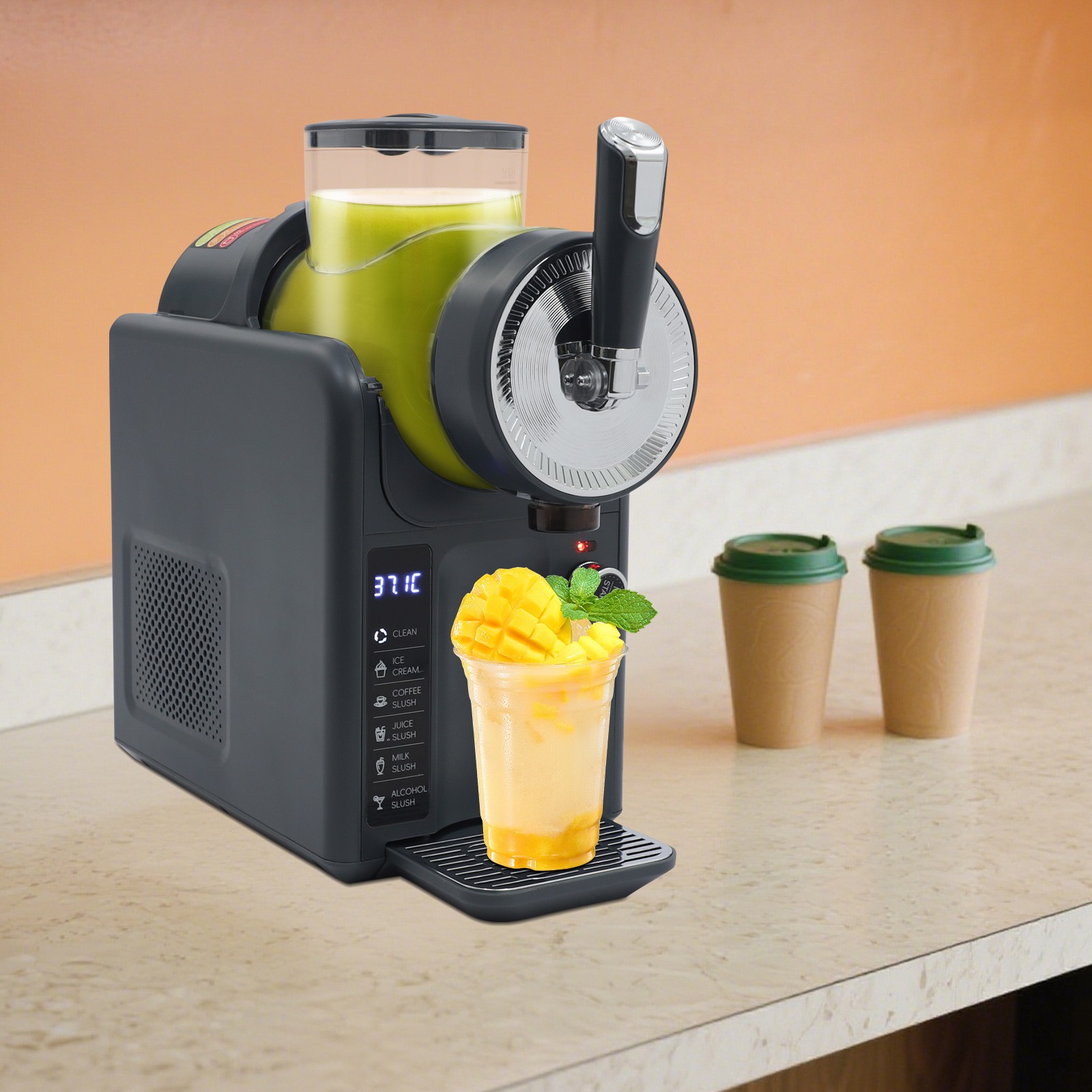 Slushie Machine, Automatic Frozen Drink Maker with 6 Modes for Slush, Ice Cream, Smoothies, Cocktails, 185W Motor, LED Display, Self-Cleaning, Includes Ice Cream Molds, Gray, 110V