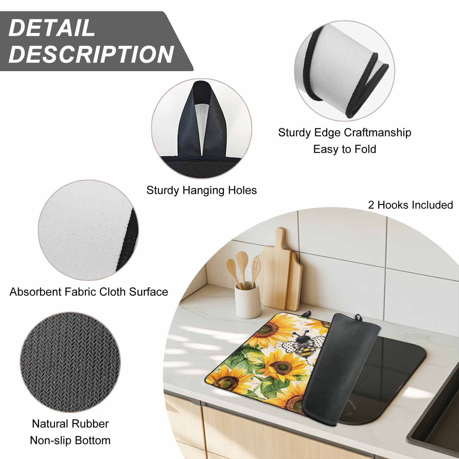 Sunflower Bee Stove Top Cover for Electric Stove, Heat-proof & Non Slip Glass Top Stove Cover Protector, Yellow Botanical Vintage Rose Floral Spring Kitchen Flat Cooktop Rubber Mat 24x21 Inches