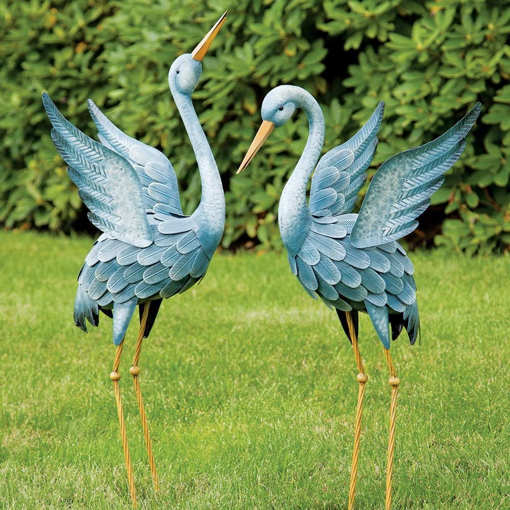 Bits and Pieces Japanese Blue Heron Metal Garden Sculpture Set Two Metal Cranes Garden Outdoor