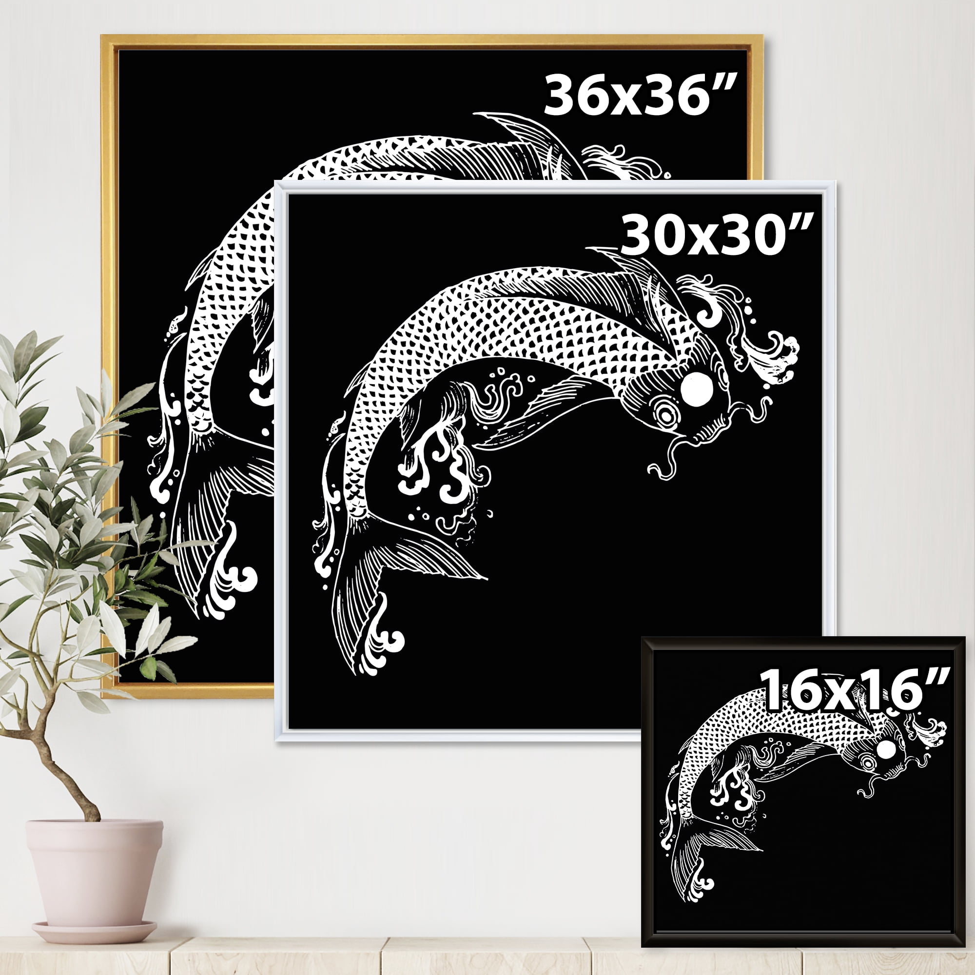 Designart 'Chinoiserie With Koi Fish I' Traditional Framed Canvas Wall Art Print