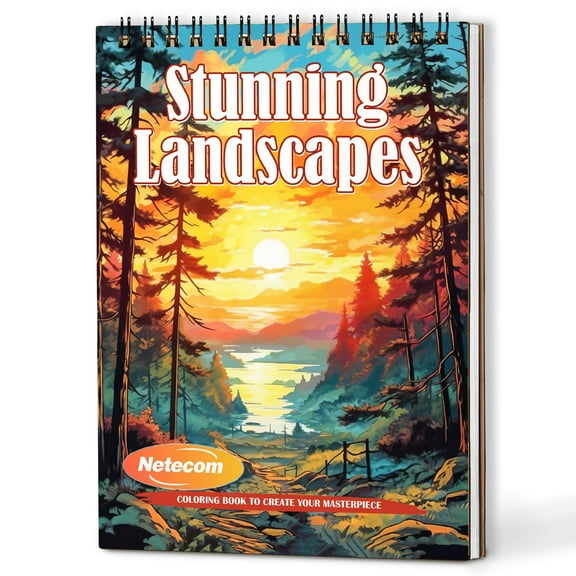 Netecom Stunning Landscapes Coloring Book Spiral Bound For Adults, A5 Wooden Cover, 30 Serene Coloring Pages of Gorgeous Outdoor Scenes for Stress Relief and Relaxation