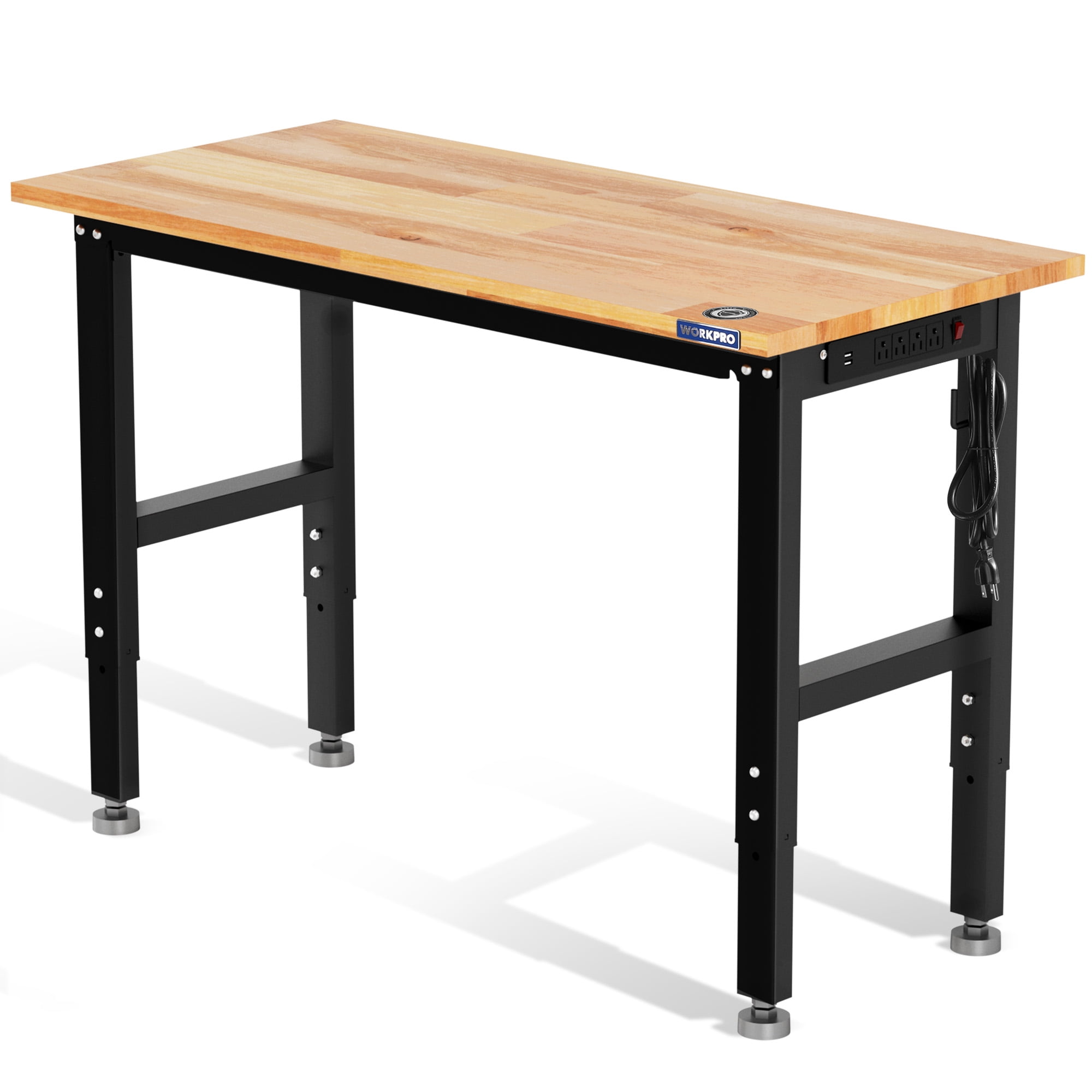 WORKPRO 48"x22" Adjustable Workbench with Power Outlets, 1500 lbs Capacity Rubber Wood Heavy-Duty Work Table, Leveling Feet, 5 Height Settings Workstation for Garage, Workshop, DIY