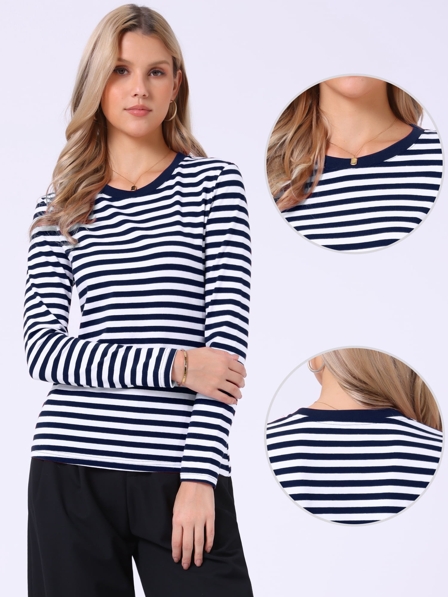 DARING DIVA Women's Striped Long Sleeve Cotton Crew Neck Tees M Navy Blue Stripe