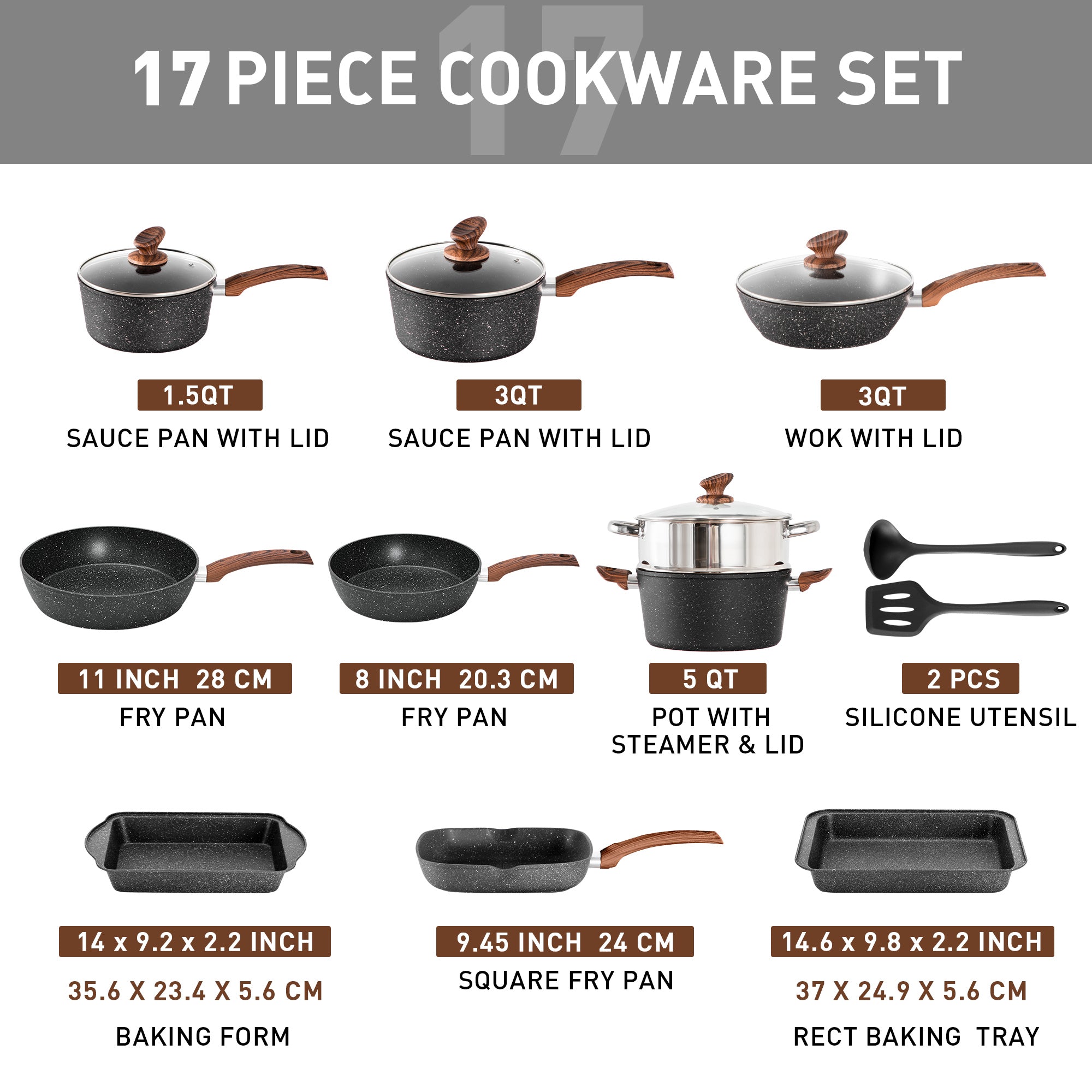 MF Studio 17 Pieces Cookware & Bakeware Set Granite Nonstick Pots and Pans Set, Black