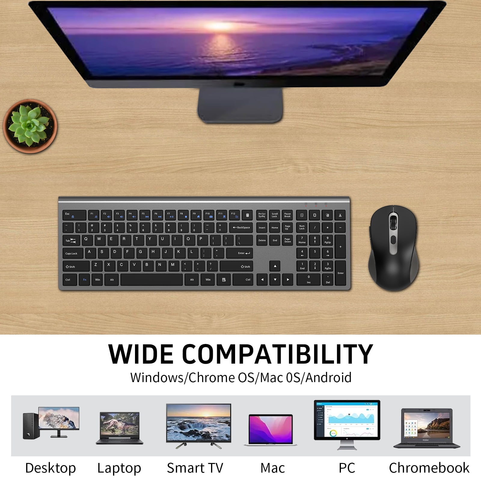 Wireless Mouse and Keyboard Combo, Full-Size Computer Keyboard with Calculator Button, 2400 Dpi Ergonomic Mouse, Ultra-Thin Cordless USB Keyboard and Mouse Set for Laptop Windows Mac - Black Gray
