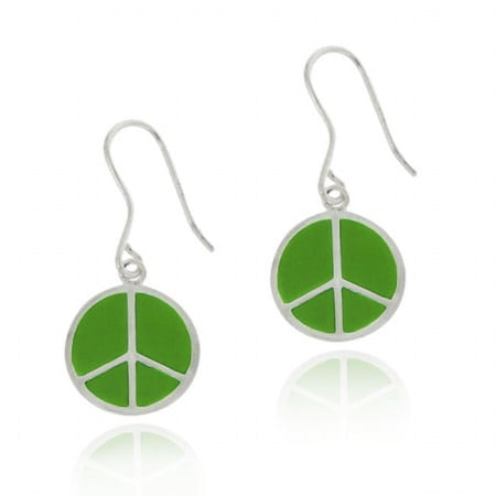 Sterling Silver Green Enamel Peace Sign Dangle Earrings