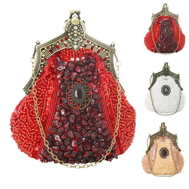 Pochette de Soirée Vintage pour Femme avec Broderie Perlée Antique, Sac à Main de Soirée à Paillettes pour Dame, Sac à Main de Soirée, Sac de Mariage pour Mariée