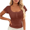 thumbnail image 2 of Lcziwo Womens Henley Summer Shirts Short Sleeve Square Neck Y2K Blouses Lace Trim Slim Fitted Casual Trendy Tops Wine,L, 2 of 7