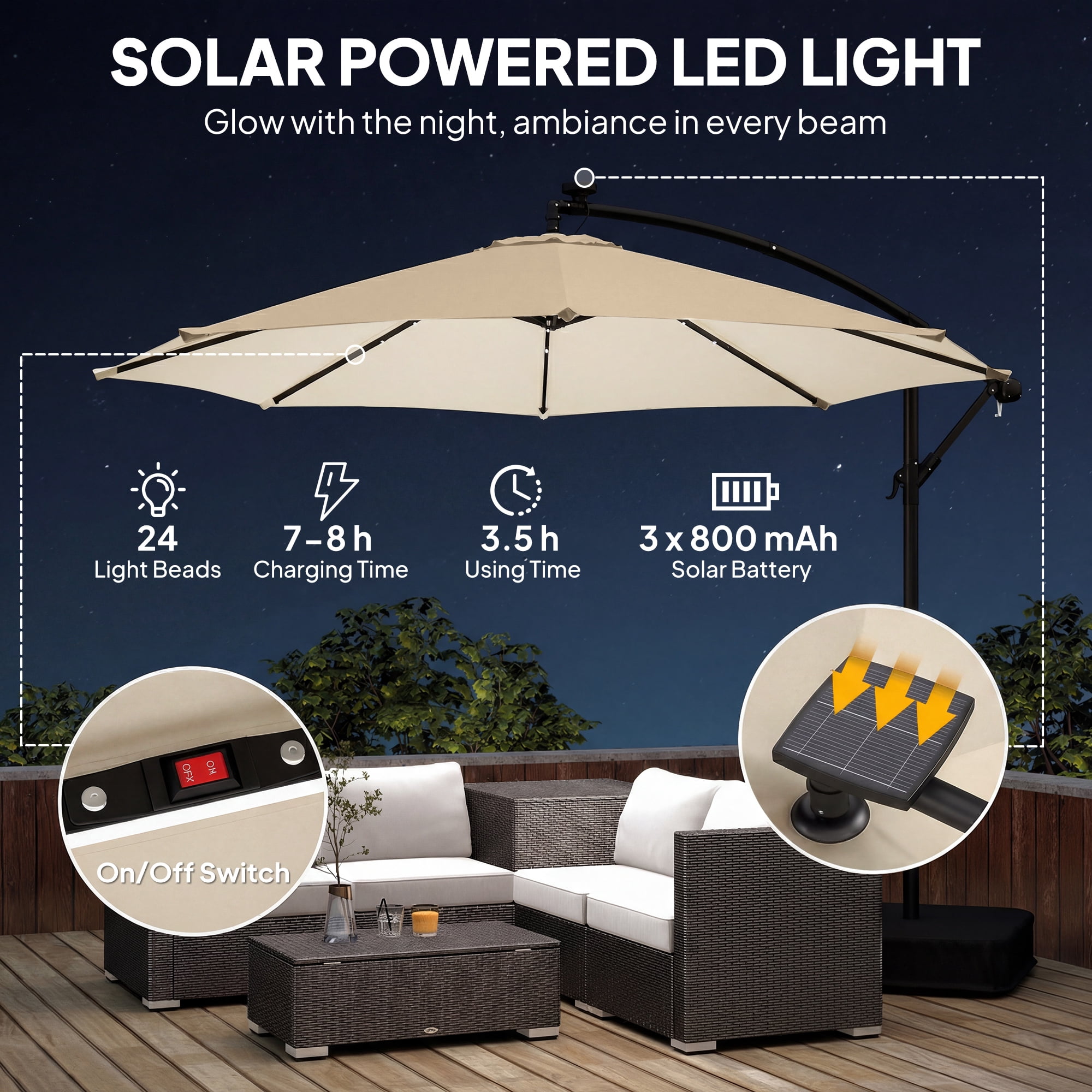 Outsunny 10 ft Cantilever Patio Umbrella with Solar LED Light, Sandbag Weight, Offset Hanging Outdoor Umbrella with Protective Cover, Cream White