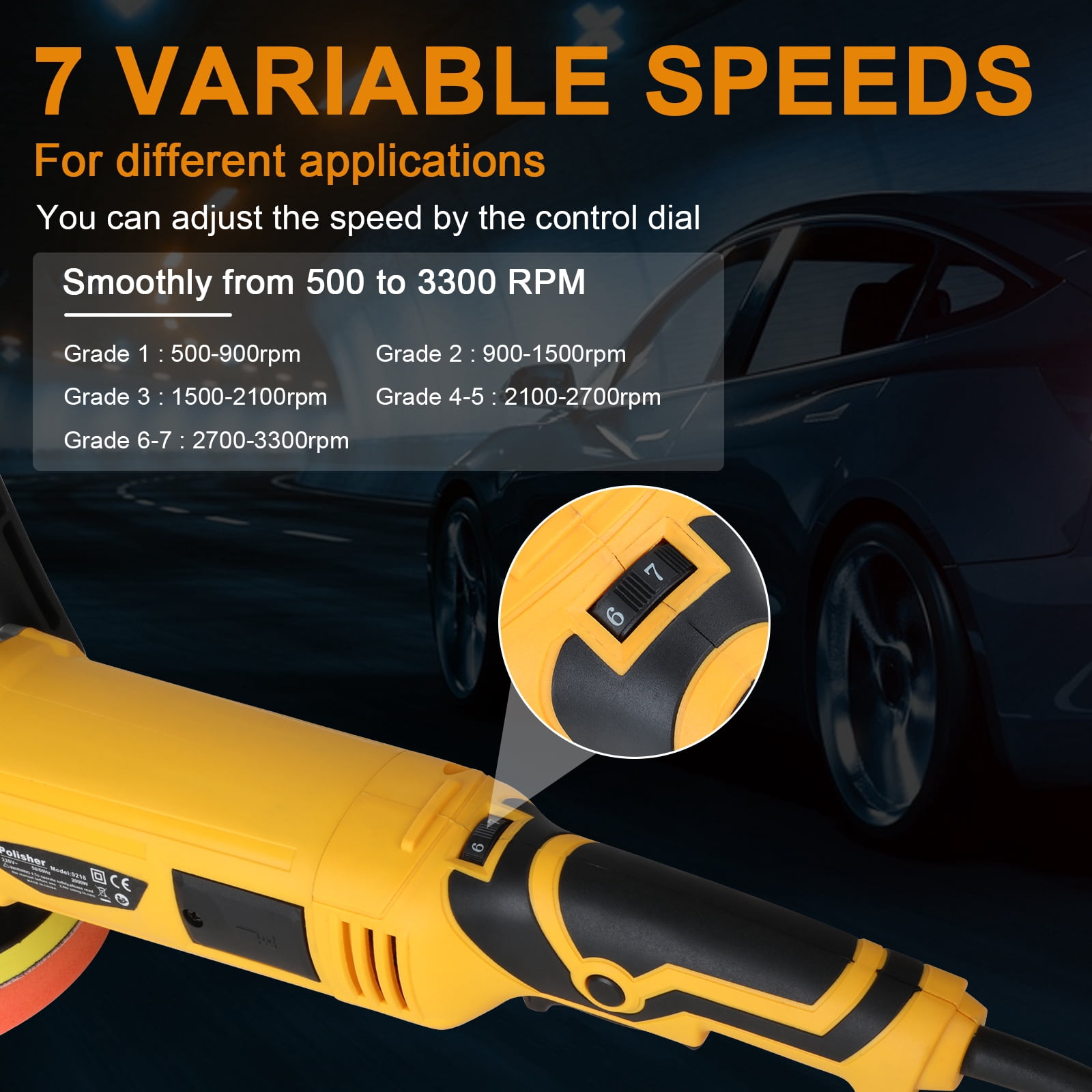 Buffer Polisher, 2000W Rotary Car Buffer Polisher Waxer, 7 Variable Speed 500-3300 RPM, Detachable Handle with 5" 6" 7" Backing Plate for Car Detailing, Polishing, Waxing