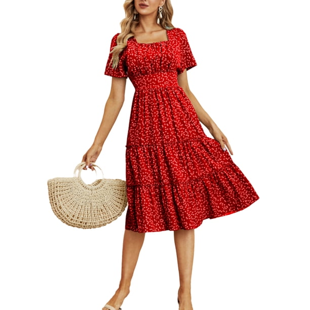 VISgogo Vestido de manga corta para mujer, vestido holgado con cintura elástica y cuello cuadrado con estampado de corazón pequeño, ropa informal simple de una pieza VISgogo moda