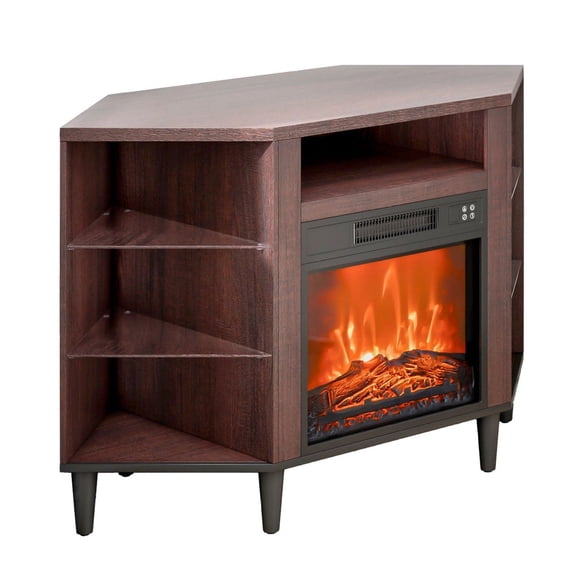 Fireplace TV Stand 42 inch, Corner Media Console with 18" Electric Fireplace, Storage, LED Lights, Remote Control, Brown