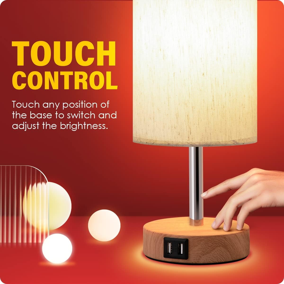 Yarra-Decor Bedside Lamps Set of 2 with USB Charging Ports - Touch Control Table Lamp for Bedroom Wood 3 Way Dimmable Nightstand Lamp with Round Flaxen Fabric Shade for Living Room,Dorm,Office