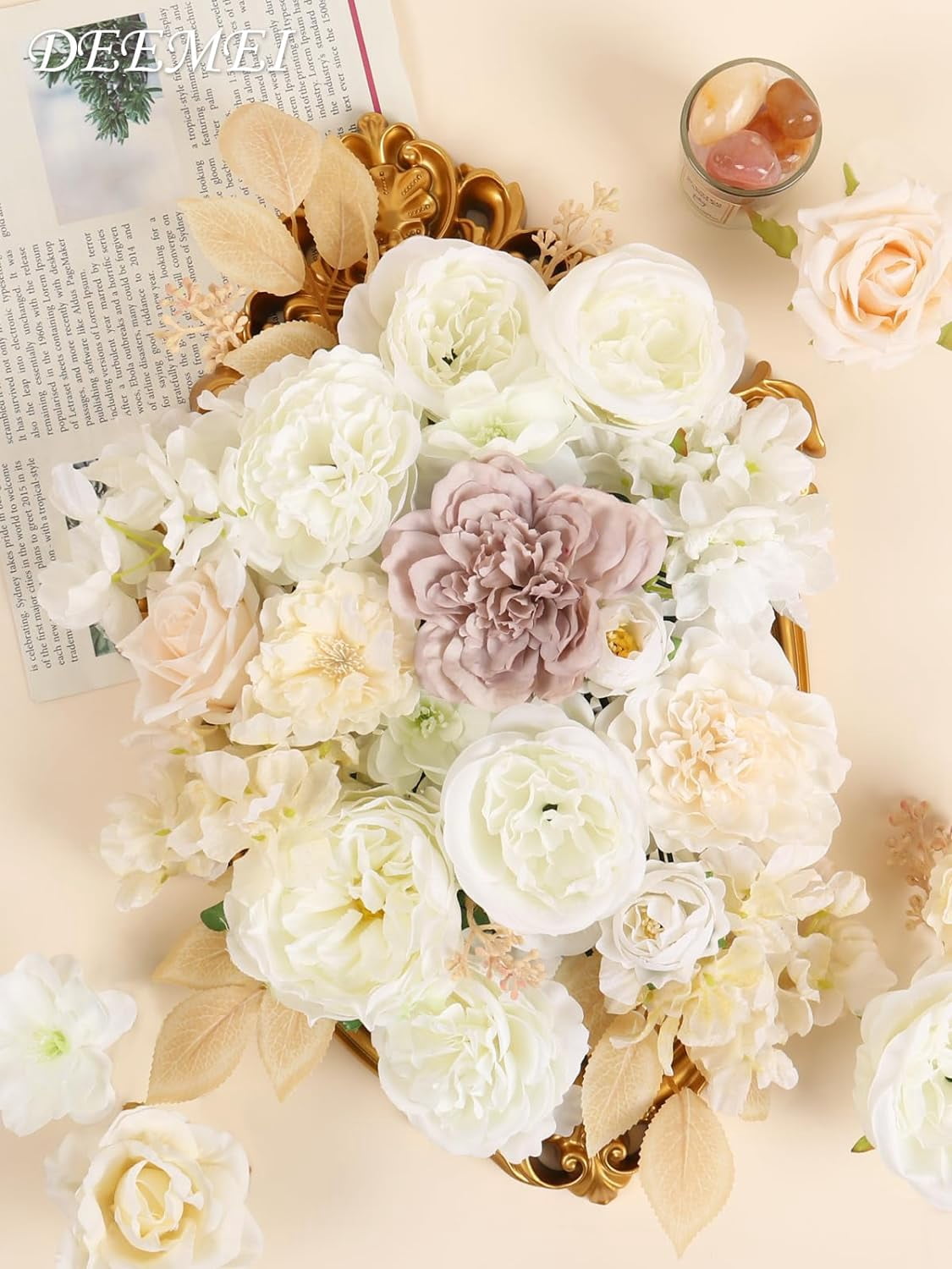 Artificial Flowers Combo Box Set Rose Silk Mix Peony Fake Flowers with Stems for DIY Bridal Wedding Bouquets Centerpieces Baby Shower Party Home Decorations Cream White