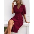 thumbnail image 2 of Gdvsclr Short Sleeve Dresses for Women V Neck Pleated Slim Fit Flowy Swing Shift Irregular Midi Dress Claret S, 2 of 8