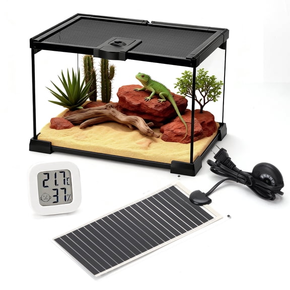 Glass Terrarium 12x8x8 With Heating Pad, Humidity Monitor & Ventilation For Leopard Geckos, Tarantulas, Frogs & Insects