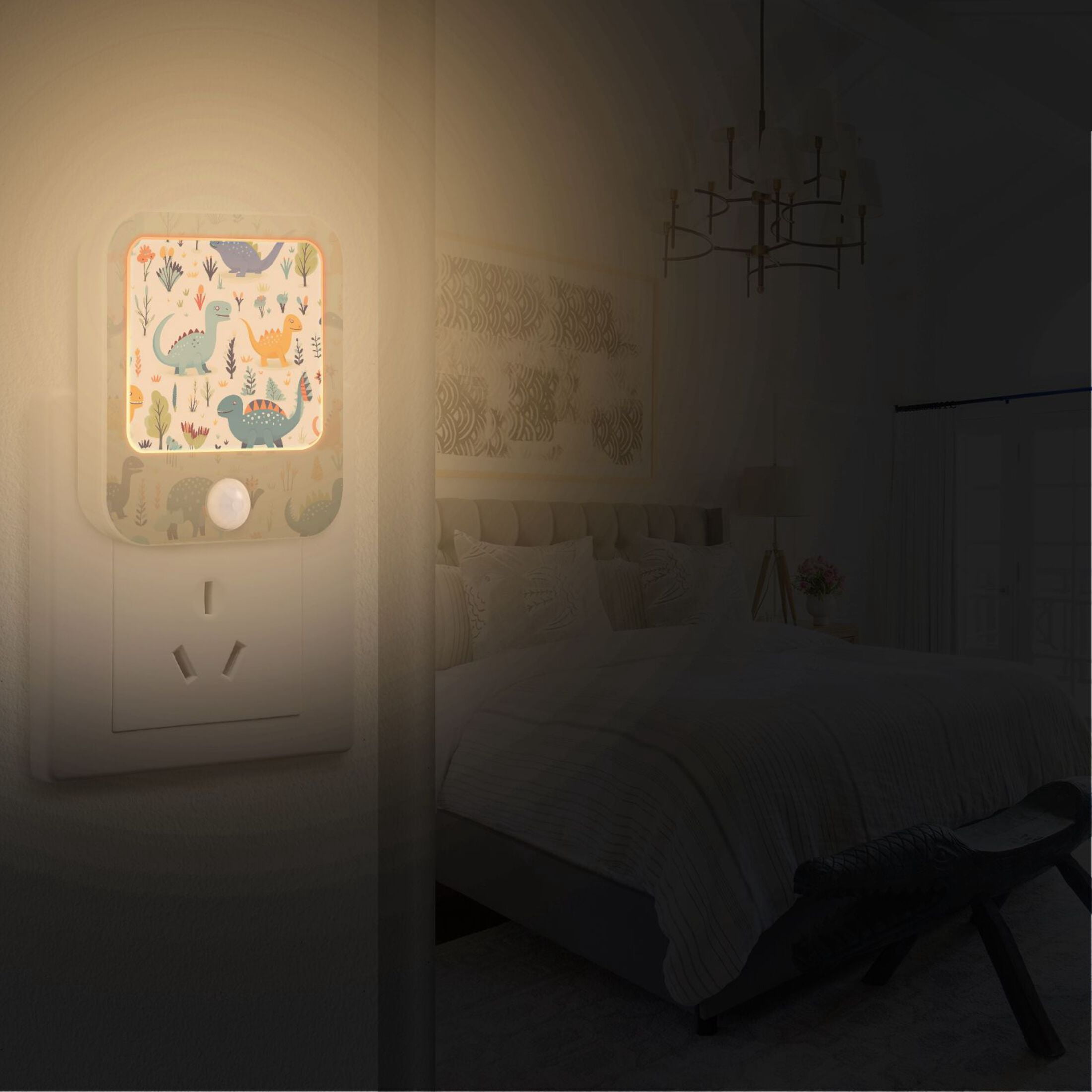 Dinosaurs Trees Leaves Flowers Night Lights Plug into Wall LED with Auto Light Sensor Warm Light for Kids Hallway Bedroom Living Room Kitchen Bathroom Set of 2