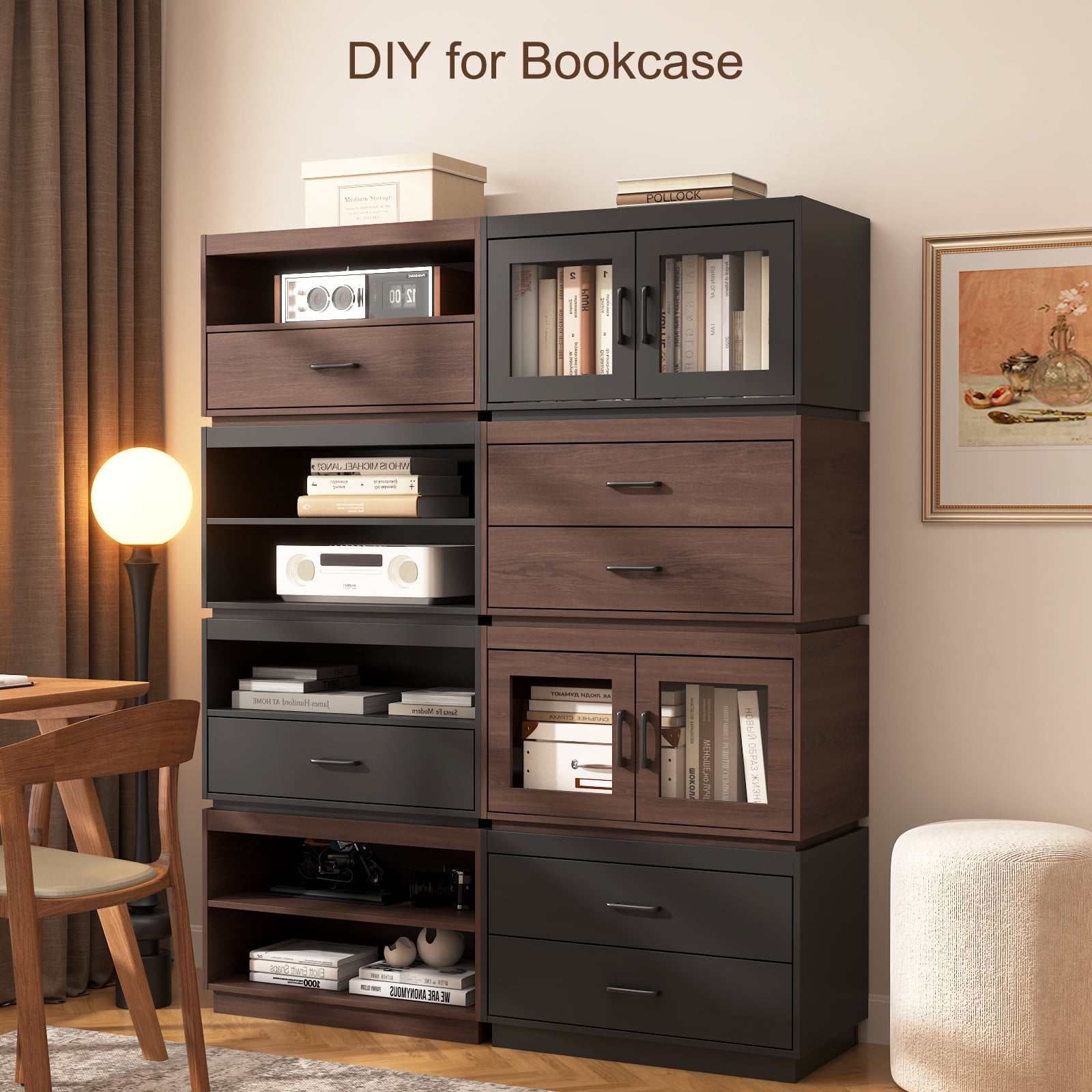 Stackable Storage Drawers,28" Wide Storage Bins w/ Drawers and Compartment for Closet Organizers, Wood Stackable Closet Organizer Modern Large Stackable Storage Units for Living Room Hallway, Black