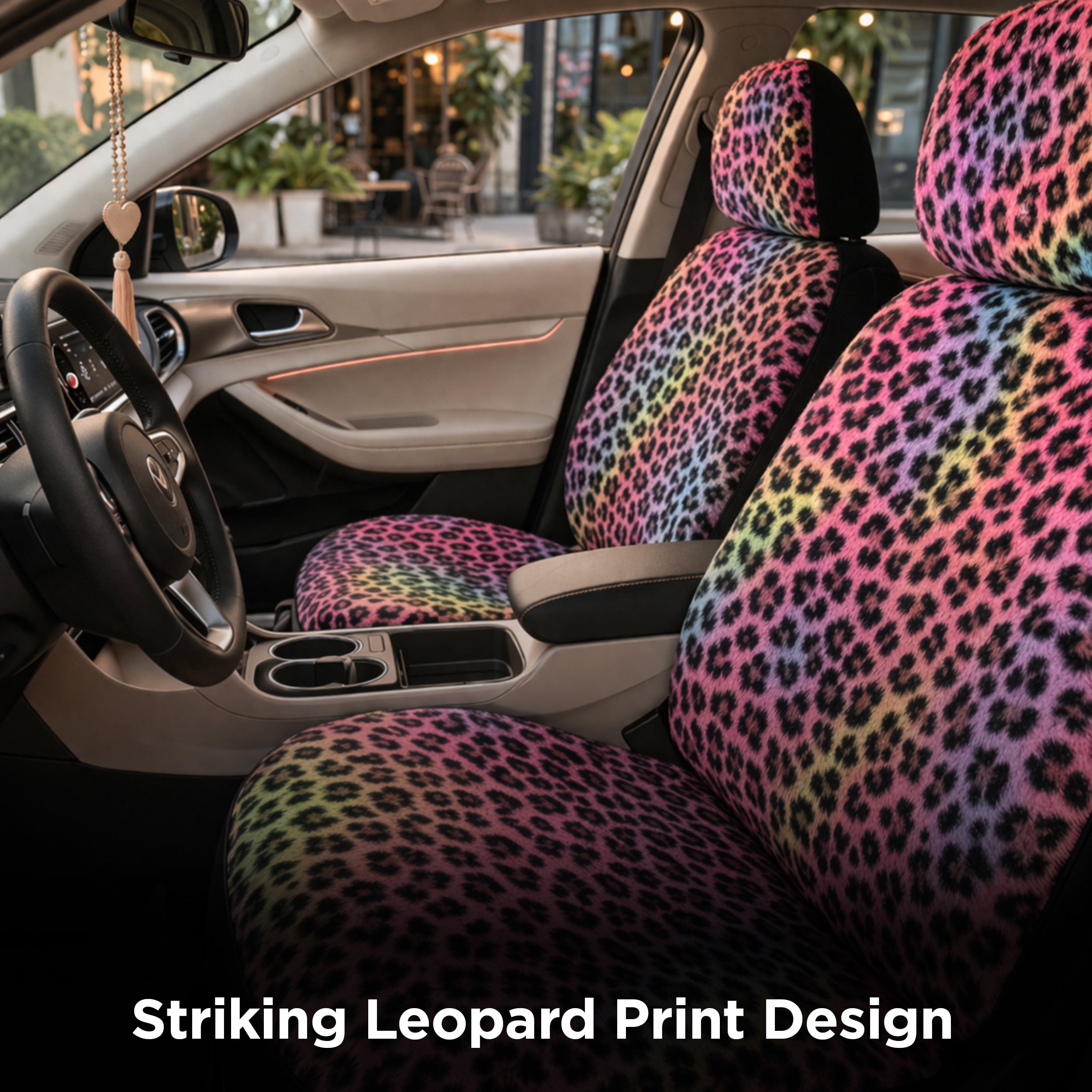 Auto Drive 2-Piece Fur Leopard Seat Covers for Cars, SUVs, and Crossovers, Multicolor